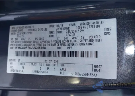 2018 Ford Escape S из США, поврежденный, VIN 1FMCU0F76JUC45168